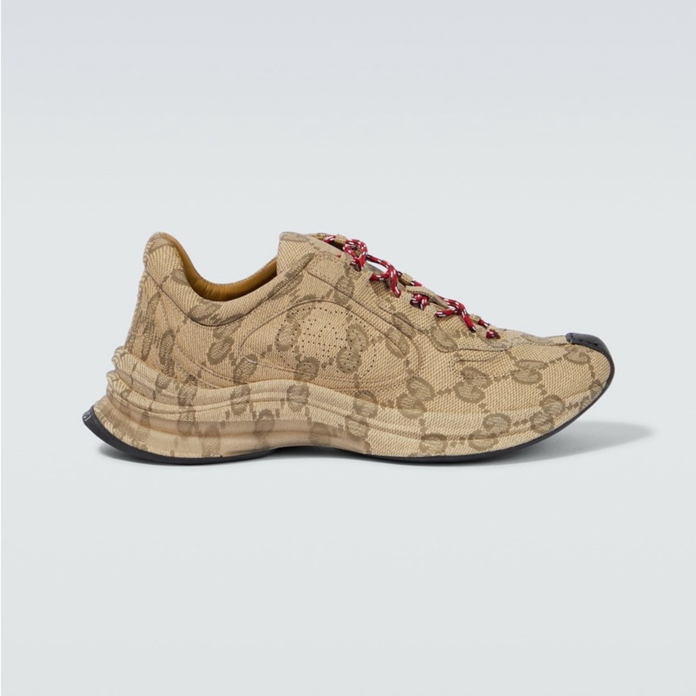 Gucci Run GG Canvas Sneaker Beige Ebony Red Lace Low Top MEN SIZE: 10.5